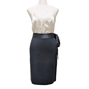 Vintage Ralph Lauren Wool Blend Pencil Skirt Black Satin Waist Tie Y2K 90s M